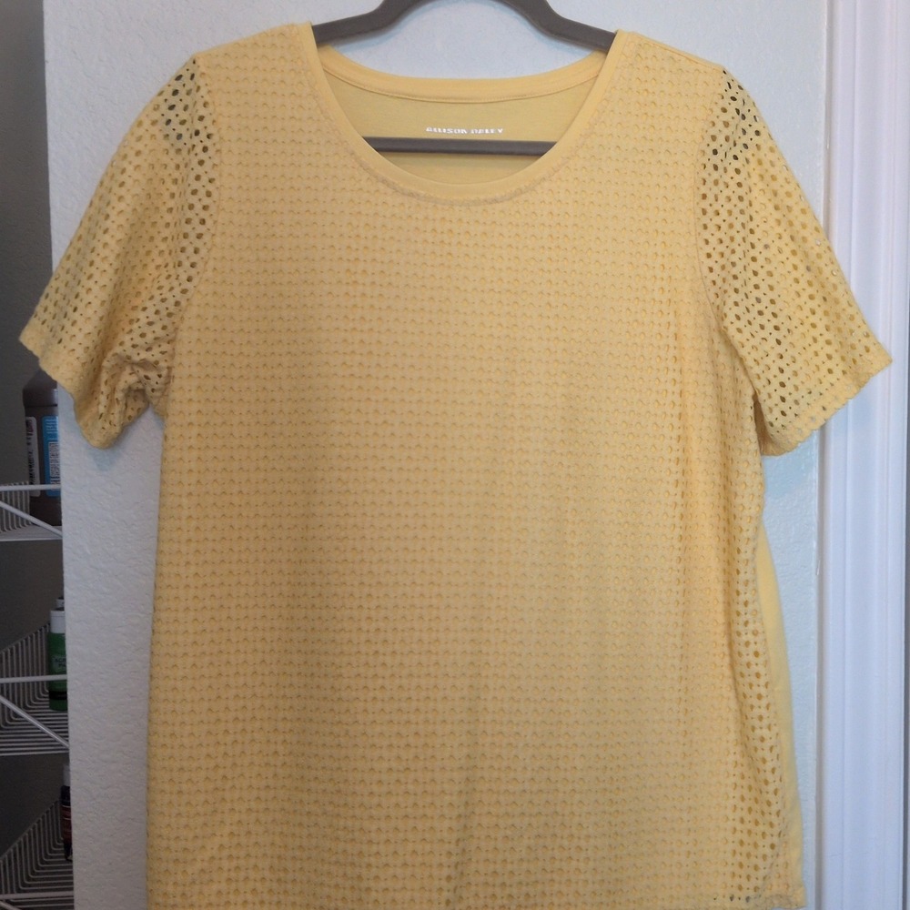 Allison Daley Top Women Large Yellow Lattice Eyelet Short Sleeve Crew Neck Lined